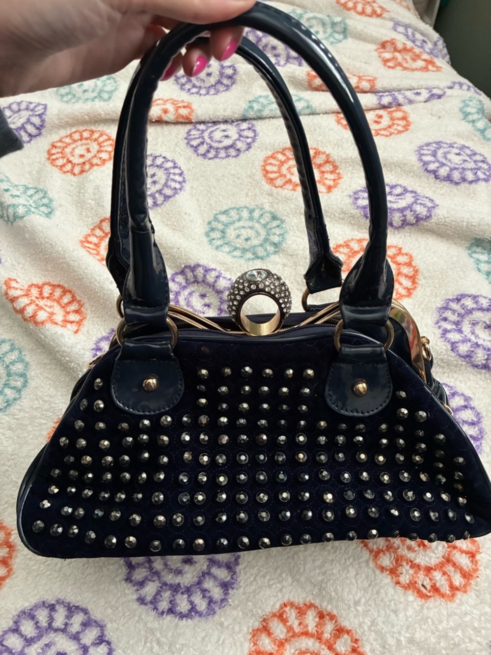 Studded Navy Women's Top-Handle Bag vintage looking with clasp